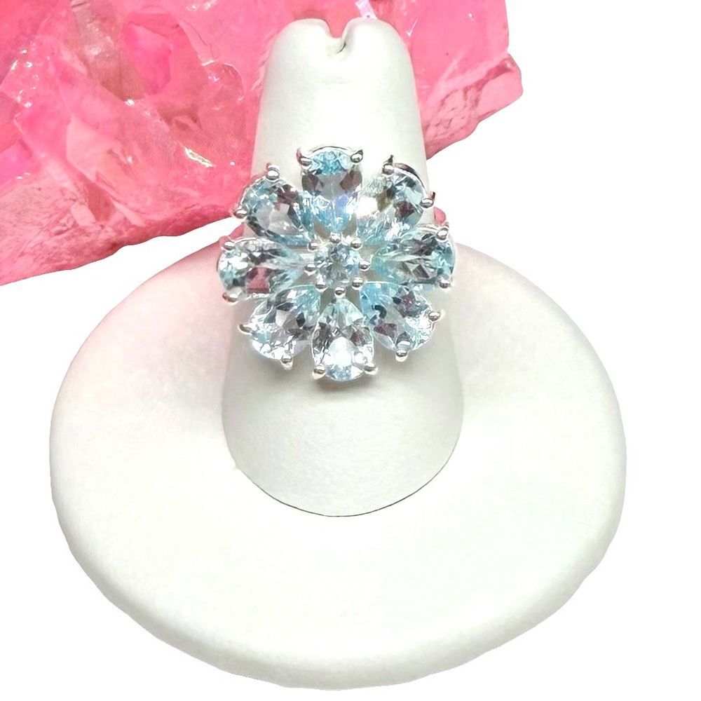 Blue Topaz Flower Ring Size 10 Solid 925 Sterling Silver Daisy Multi Stone
